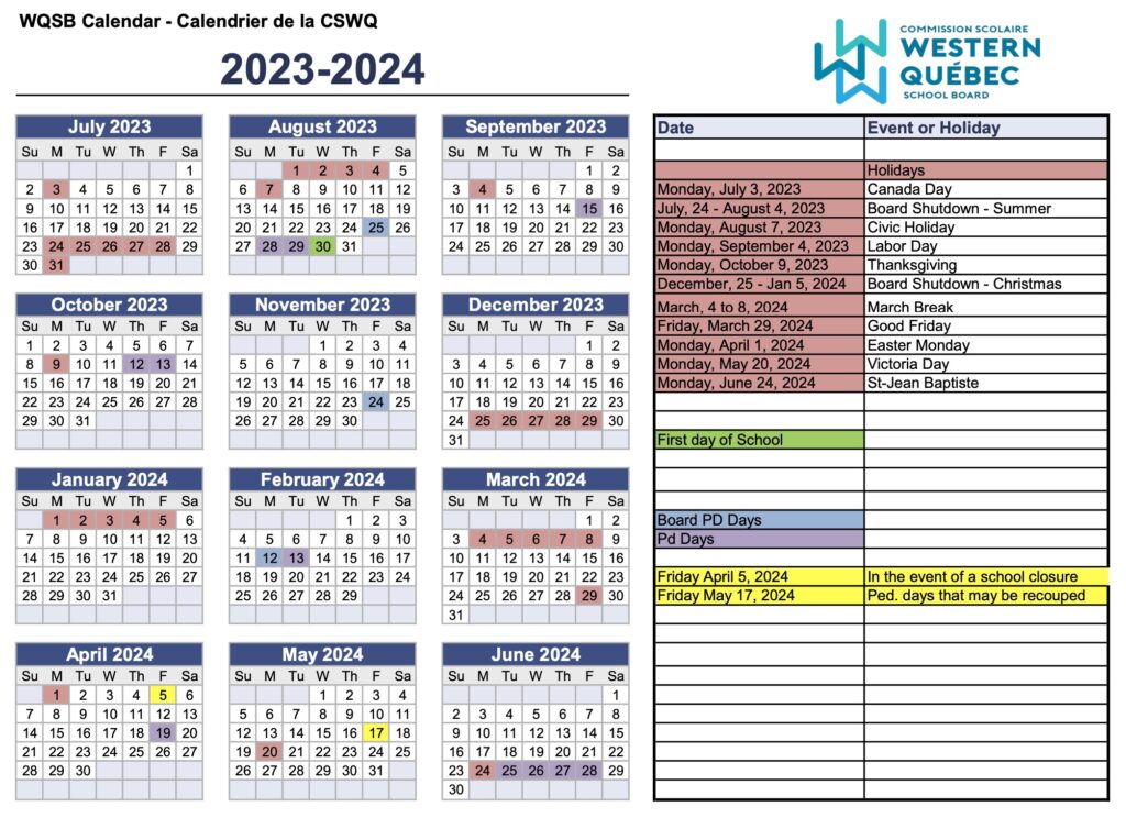 Calendrier 2023-2024