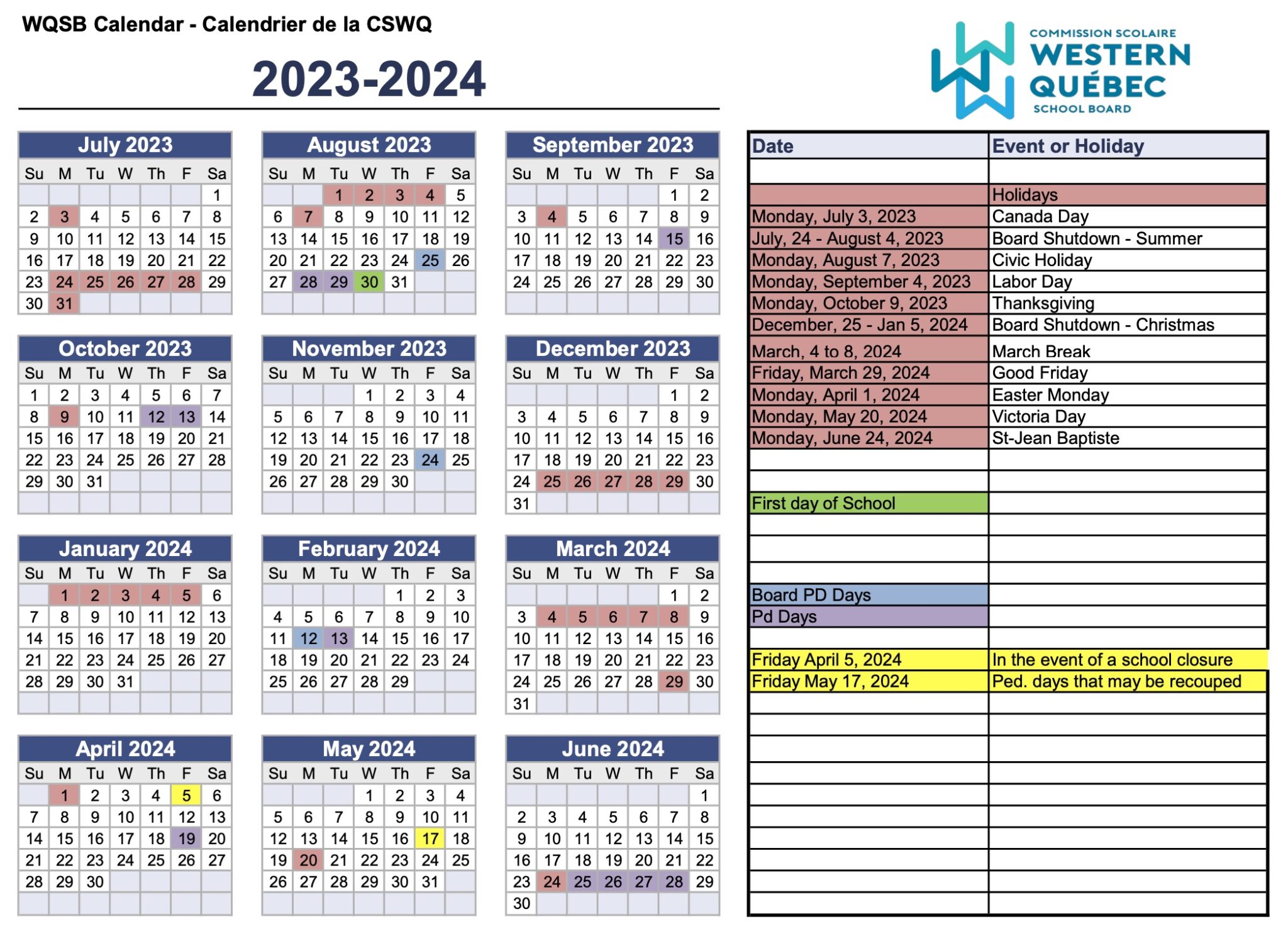 20232024 Boardwide Calendar now available Western Québec School Board