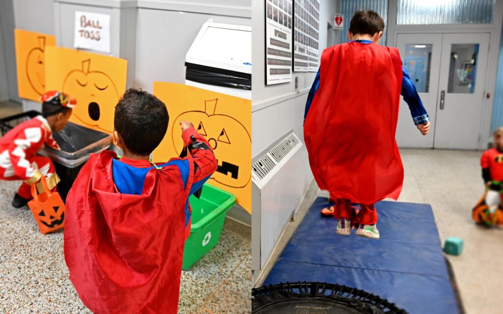 Students dressed as Superman and Spiderman play and trick-or-treat at the school. // Des élèves déguisés en Spiderman et Superman jouent et collectent des bonbons.