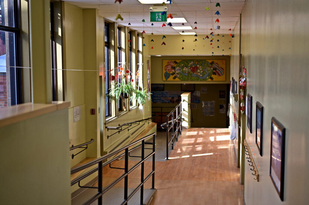 A sunny and cheerful hallway at Dr. Wilbert Keon School
